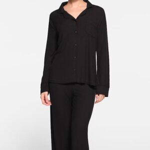 SKIMS Soft Lounge Rib Sleep Top Women 2X Onyx Black Button Up Stretch Loungewear